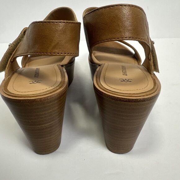 Johnston and Murphy Brown Leather Open Toe Wedges Wooden Heel Gold Buckle Sz 10 - Picture 5 of 10